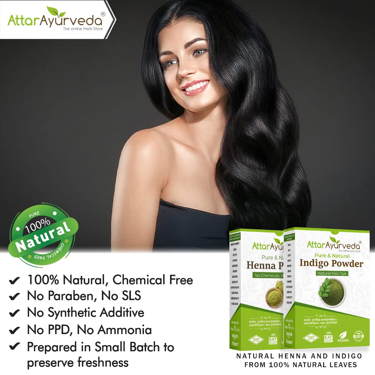 Natural Dye for Black Hair (Henna Leaves powder, Indigo leaves powder combo pack) (400 Grams Total)